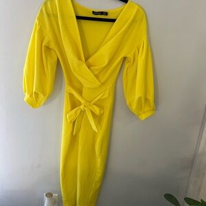 Boohoo Yellow Wrap Tie Front Cocktail Dress